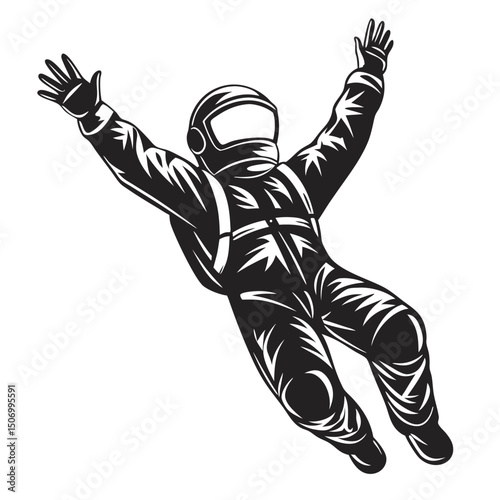 Spaceman Silhouette with Arms Raised, Wearing Helmet and Suit, on Isolated White