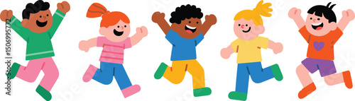Happy diverse children jumping and playing together, joyful kids with colorful clothes, energetic group, vector illustration