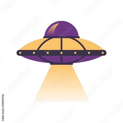 UFO flat illustration isolated on white background. Isolated purple and yellow UFO on white