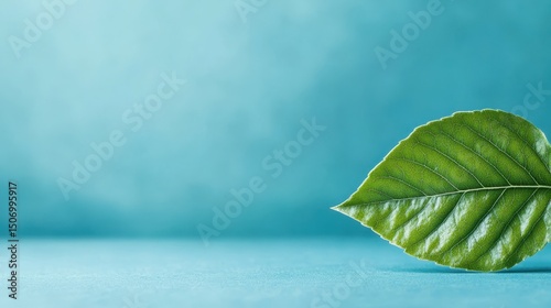 A solitary green leaf rests against a serene blue background, symbolizing nature, simplicity, and tranquility in a minimalistic yet vibrant composition.