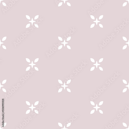 Vector floral minimalist seamless pattern. Abstract minimal geometric ornament with flowers, stars, leaves. Simple soft pink background. Subtle geo texture. Repeated design for decor, textile, linens