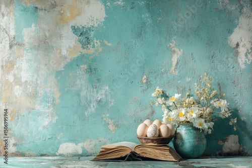 Old blue wall and eggs in a makeshift nest. Generative AI