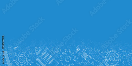 Mechanical engineering drawings on blue background. Cutting tools, milling cutter. Technical Design. Cover. Blueprint. Horizontal seamless pattern. Vector illustration.