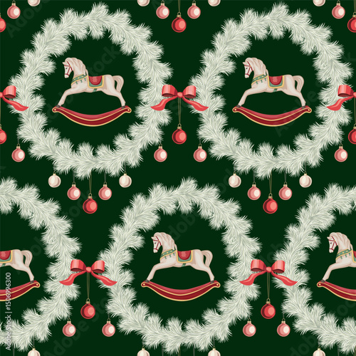Rocking horse in the wreath, Christmas ball seamless pattern. Holiday decoration wallpaper.