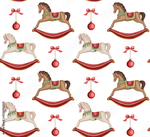 Rocking horse, Christmas ball seamless pattern. Christmas holiday wallpaper.	
