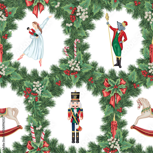 Christmas nutcracker, ballerina, mouse king, rocking horse in the fir wreath, candy cane, , candle, mistletoe, bow seamless pattern. Holiday decoration wallpaper.