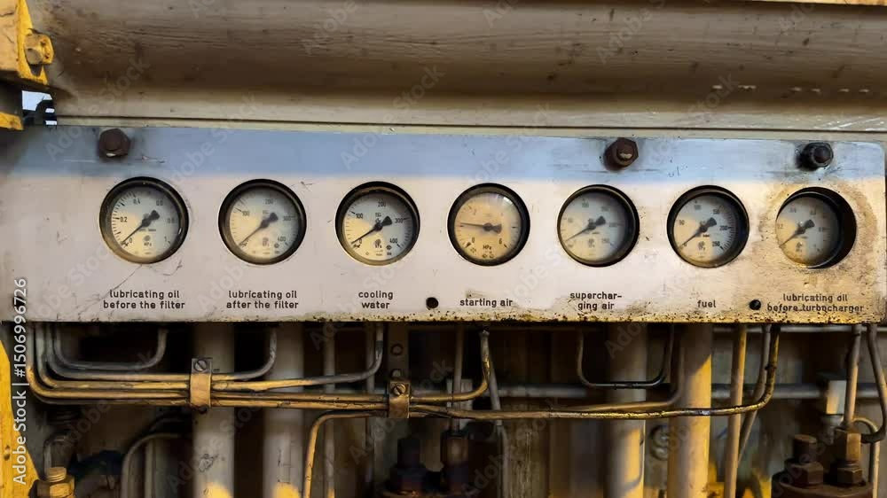 Row of pressure gauge in a factory machine. Pressure gauge on the old generator machine.