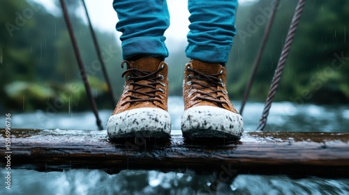 A child standing on a wooden log bridge in the rain, wearing colorful shoes, embodying the spirit of adventure, exploration, and childlike joy amidst nature.