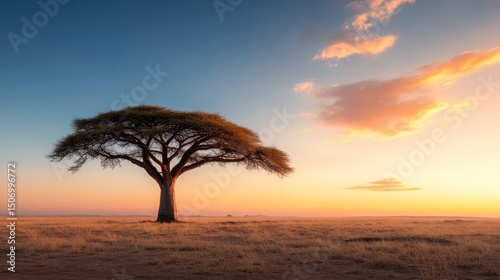 A majestic solitary tree stands proudly against a stunning sunset sky, bathed in warm hues, symbolizing resilience and the beauty of nature in its serene landscape.