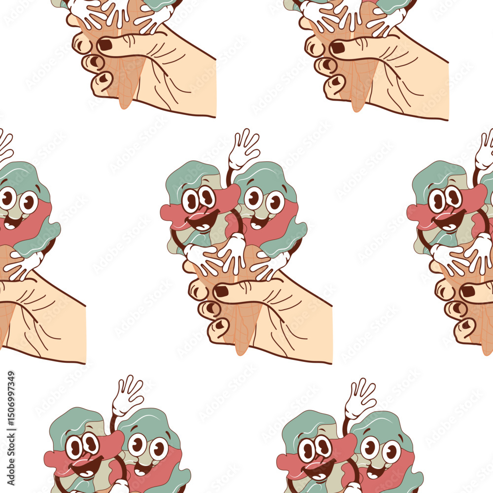 Fototapeta premium pattern with icons of a hand holding two ice cream cones with a funny, cheerful, happy face in a retro vintage style