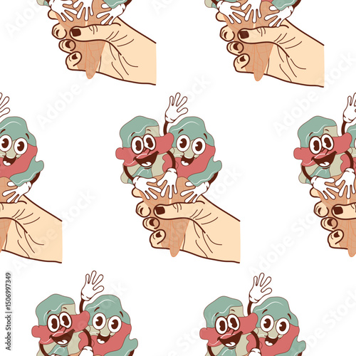 pattern with icons of a hand holding two ice cream cones with a funny, cheerful, happy face in a retro vintage style
