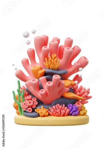 3D Illustration of Colorful Coral Reef Underwater With Transparent Background