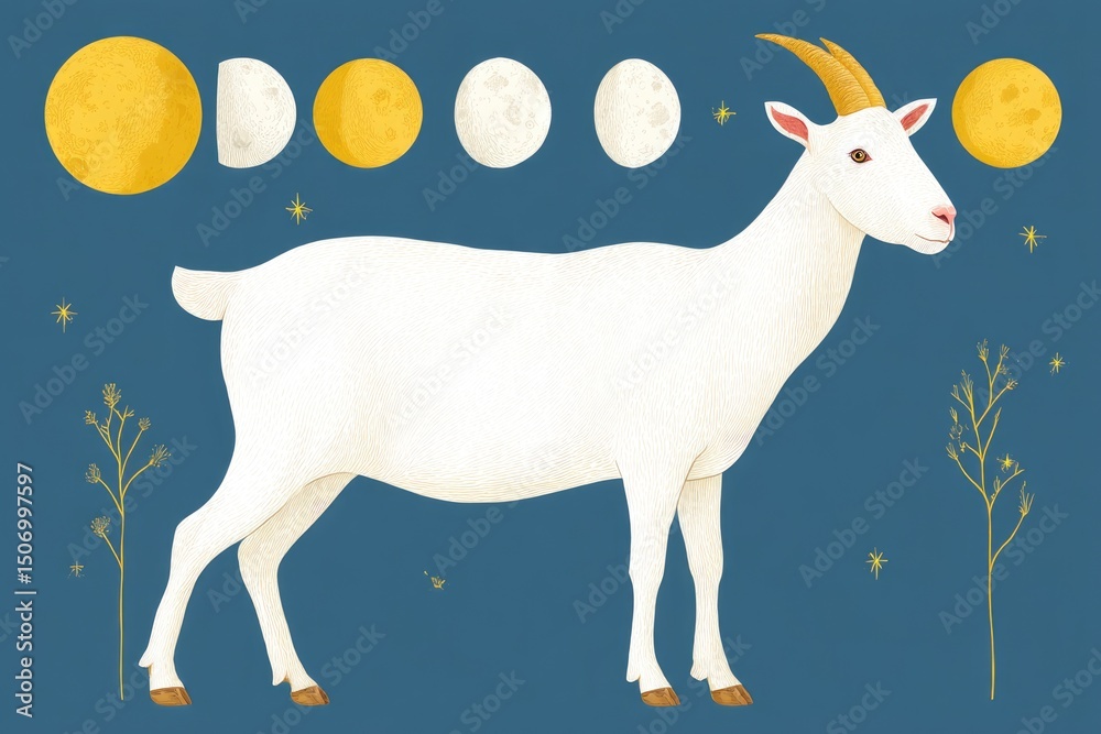 Fototapeta premium The Eid Al-Adha Zodiac-Style Badge Showcases a Beautifully Designed White Goat Alongside the Celestial Phases of the Moon. This Imagery Symbolizes the Deep Significance of Sacrifice