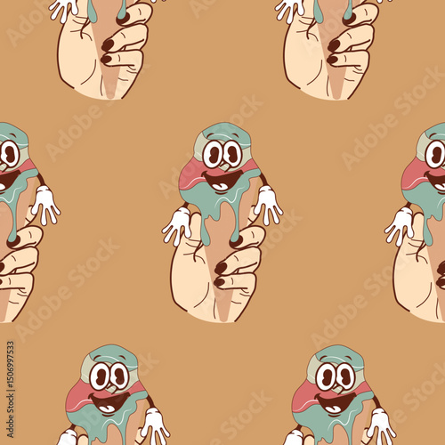 pattern with icons of a hand holding ice cream in a waffle cone with a funny, cheerful, happy face in retro vintage style on a brown background
