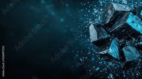 The mesmerizing composition of dark stones submerged in water creates a captivating abstract display with splashes and bubbles, evoking feelings of peace and tranquility.