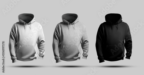 Mockup of white, black, heather hoodie 3D rendering, front view, sweatshirt with pocket, hood, for design, branding. Set