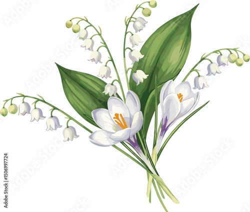 Bouquet of white crocuses, delicate lilies of the valley and green leaves. Botanical watercolor illustration for spring designs, wedding invitations, greeting cards, branding, packaging, textiles