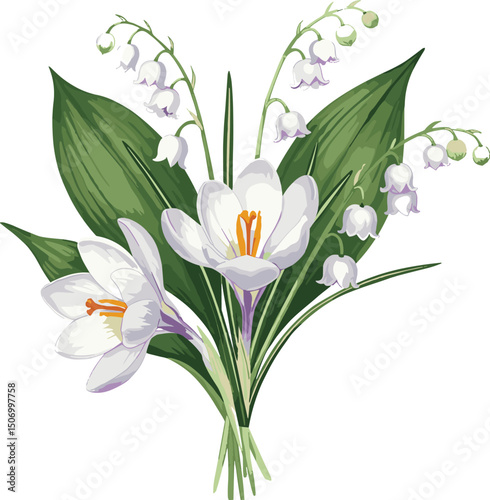 Bouquet of white crocuses, delicate lilies of the valley and green leaves. Botanical watercolor illustration for spring designs, wedding invitations, greeting cards, branding, packaging, textiles