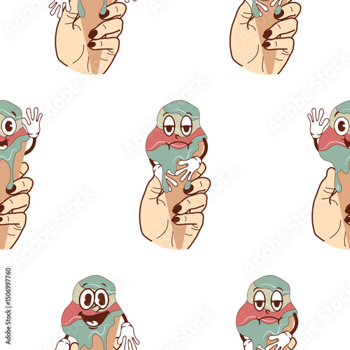 pattern with a set of icons of hands holding ice cream in waffle cones with happy, funny and sad faces in retro vintage style