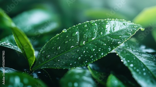 Close-up view of fresh green leaves adorned with raindrops, symbolizing purity and calmness while highlighting nature's intricate beauty and details.
