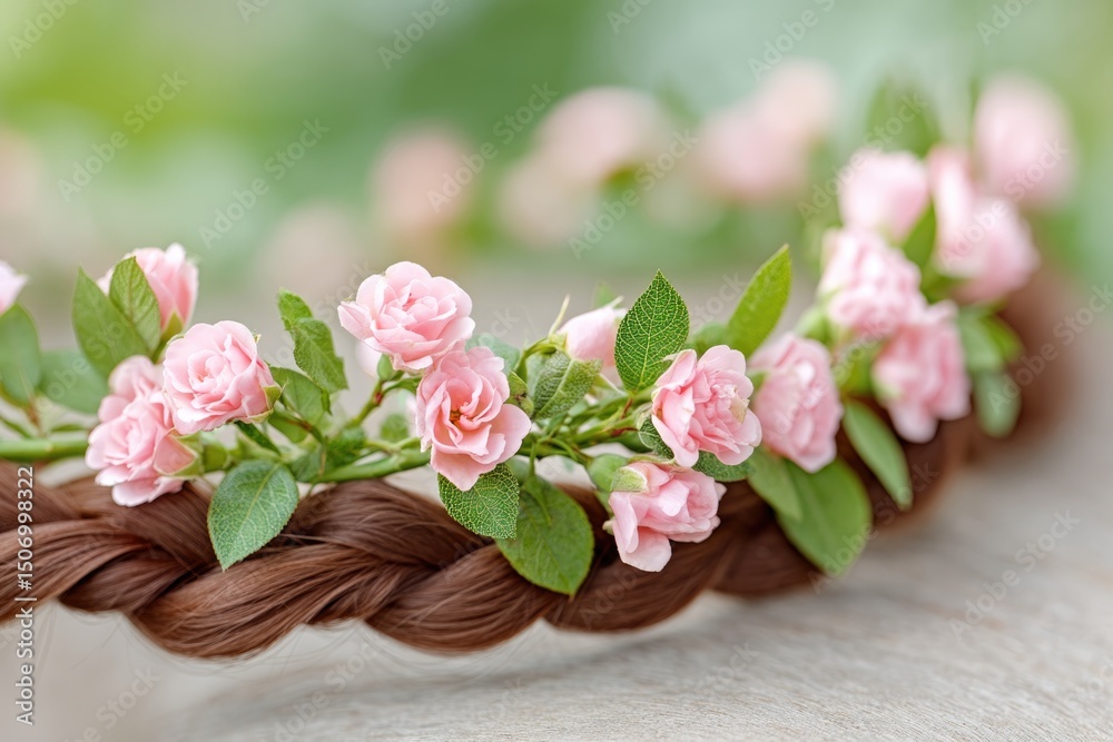 Obraz premium Horse Tail Beautifully Braided With Soft Rose Garland, Showcasing Elegance and Nature's Beauty in a Serene Garden Setting