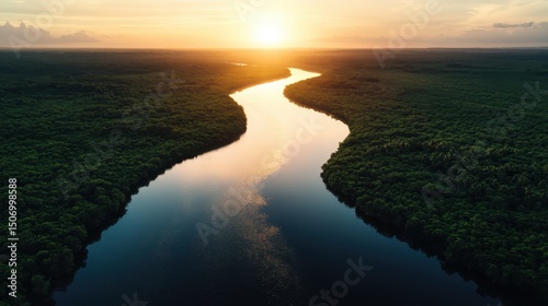 An aerial view of a winding river at sunset, enveloped in lush greenery, creating a tranquil scene that evokes feelings of peace and connection to the natural world.