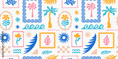 Vector hand drawn seamless pattern graphics with silhouette summer and vacation illustrations, tropical illustrations, frames and borders, fabric and textile design, beach and surf theme