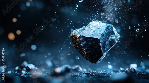 A striking blue rock floats amidst sprays of water droplets, illustrating the beauty of nature and the dynamic interplay between stone and water for an enchanting visual experience.