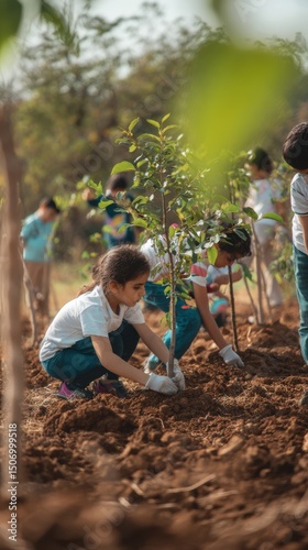 Children are planting a tree in a lush field, working together to nurture nature. A child in the foreground carefully places soil around the sapling's base