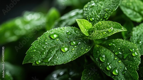 Nature's beauty captured in close-up of fresh green leaves adorned with dew droplets, symbolizing freshness, vitality, and the essence of life amid nature's tranquility.