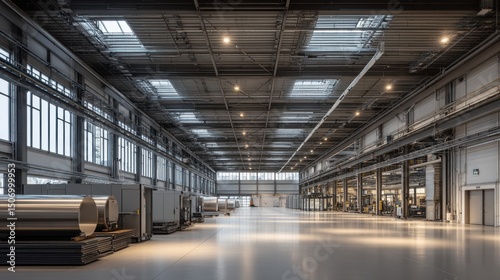 A bustling production hall dedicated to manufacturing large metal components, characterized by its clean and modern design