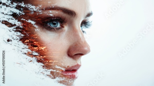 A close-up portrait of a woman with striking blue eyes, featuring a surreal overlay of natural landscapes, blending humanity with nature, evoking deep emotions and introspection.