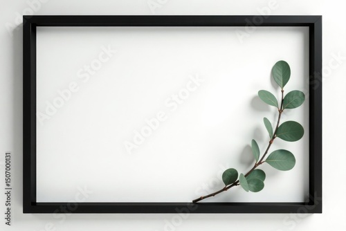 Black frame with eucalyptus branches, white backdrop Flat lay , mockup, photography