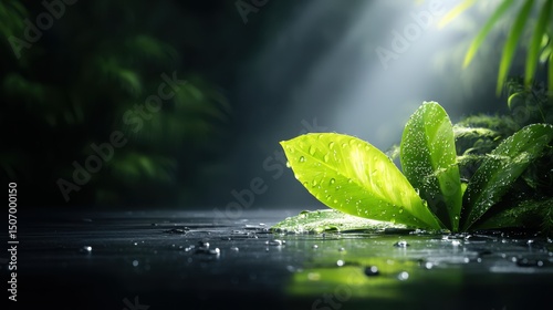 A vibrant green leaf glistens with fresh water droplets as a beam of light illuminates its delicate surface in a dark, lush forest, creating a serene, refreshing scene