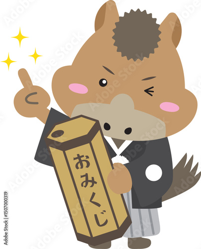 おみくじを引く和装の馬キャラクター（午年・運試し・初詣・お正月）