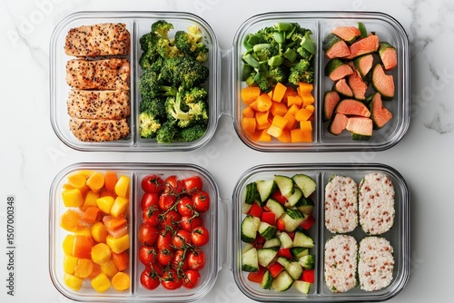Flat lay photoshoot of meal planning in prepared glass containers. Protein rich meals. On a marble table