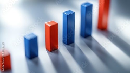 A series of vertical rectangular bars in red, white, and blue colors arranged in a row on a reflective surface. The bars vary in height