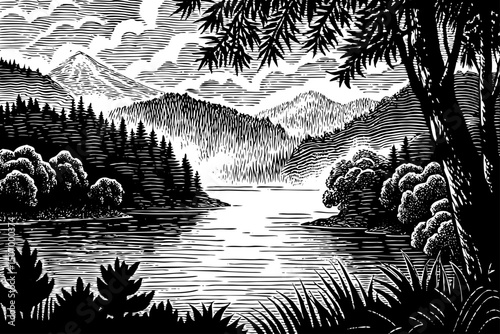 Wallpaper vintage chinese landscape drawing of lake with trees and fog black and white isolated hand drawn sketch