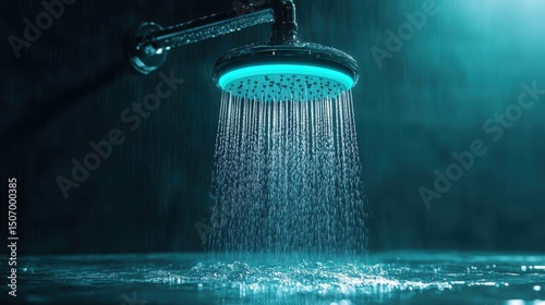A modern showerhead featuring a captivating water spray effect, set against a dark backdrop that accentuates its sleek design and elegant functionality for bath lovers.