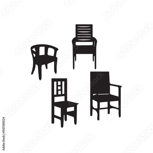 chairs and table, Silhouette Collection of Four Distinct Chair Designs, vector black chairs set illustration