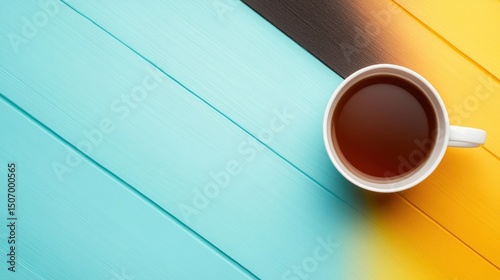 An artistic shot of a steaming cup of coffee placed against a beautifully painted wooden background, capturing the essence of warmth and comfort in everyday life.