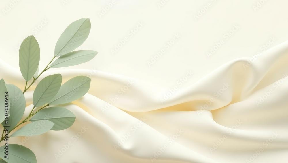 Fototapeta premium Elegant green foliage on soft draped fabric for minimalist nature-inspired decor