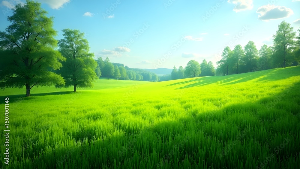 Obraz premium A serene and idyllic scene featuring a lush, vibrant, and verdant meadow, covered in a dense layer of emerald green grass that stretches as far as the eye can see, with occasional clusters of tall