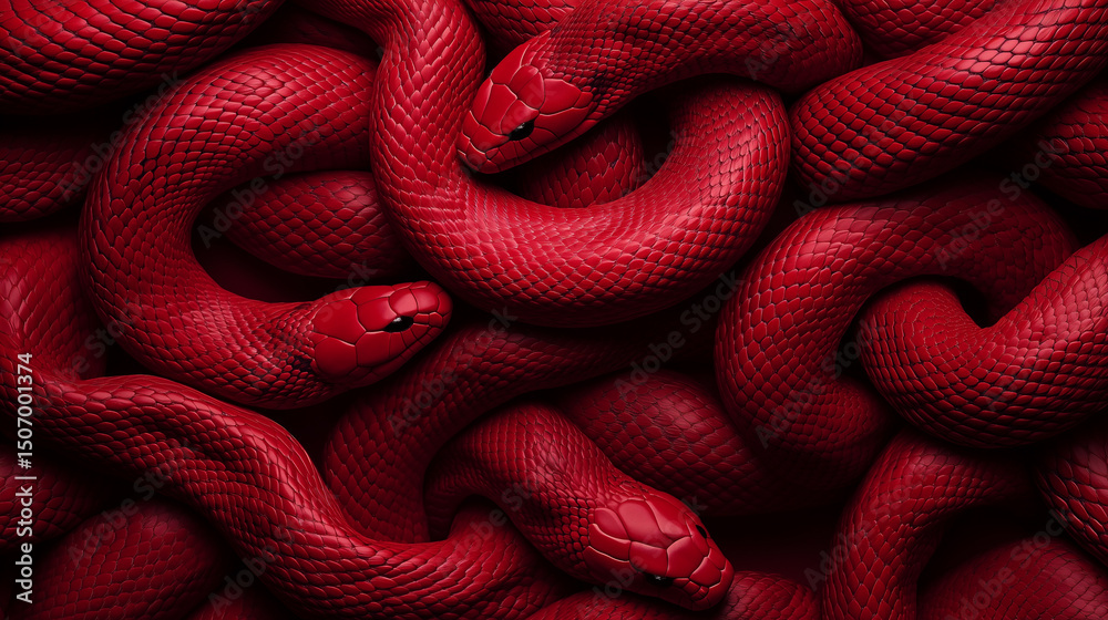 Fototapeta premium Red snakes intertwining in a vibrant display of color and texture, showcasing their intricate patterns and scales