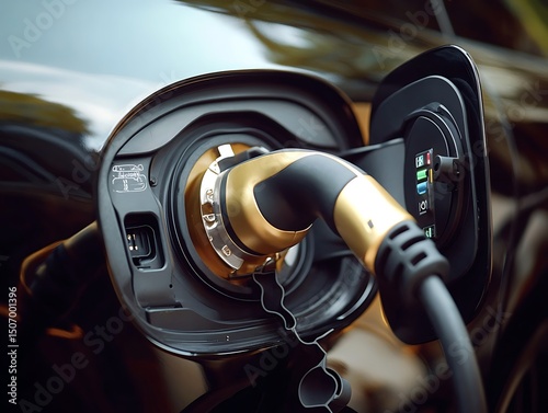 Power supply cable plugged into a luxury modern electric car. Car charging center. AI generated