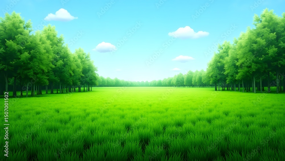 Obraz premium A serene and idyllic scene featuring a lush, vibrant, and verdant meadow, covered in a dense layer of emerald green grass that stretches as far as the eye can see, with occasional clusters of tall