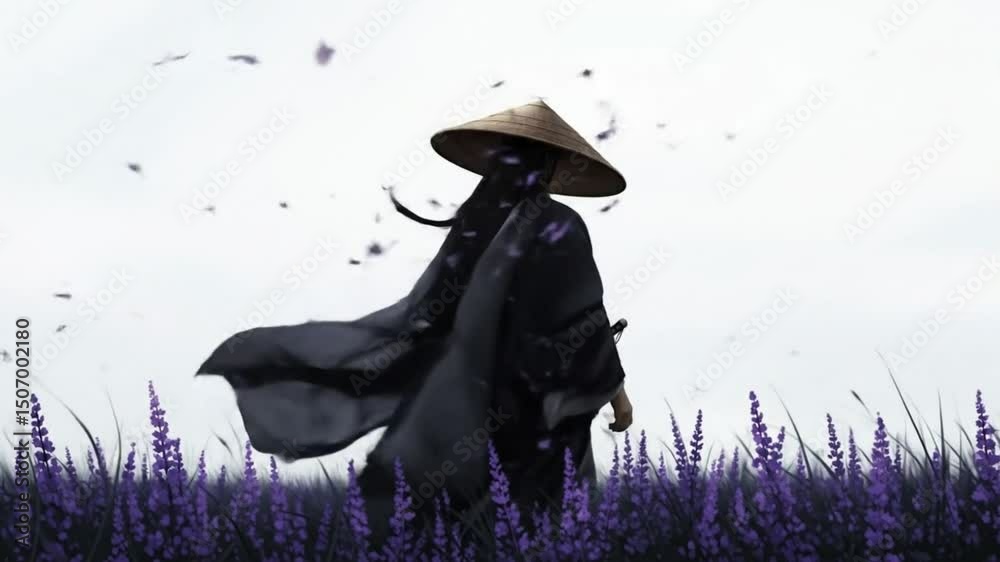girl in the field.Solitary Ronin: Dark Figure in Windy Lavender Field.