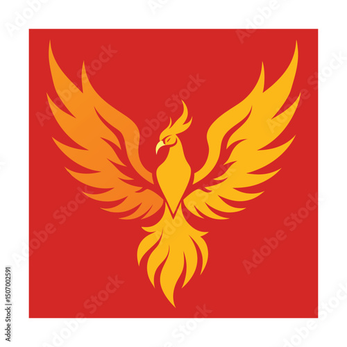 Majestic phoenix bird with wings outspread against a red background in vibrant color scheme