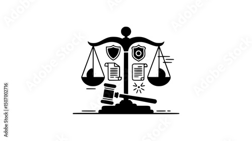 Minimalist Law and Justice Icon - Scales, Documents, Gavel