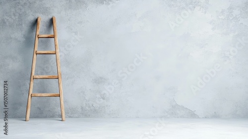 A simple yet impactful image of a wooden ladder positioned against a lightly textured wall, signifying progress, aspiration, and the journey towards achieving goals.